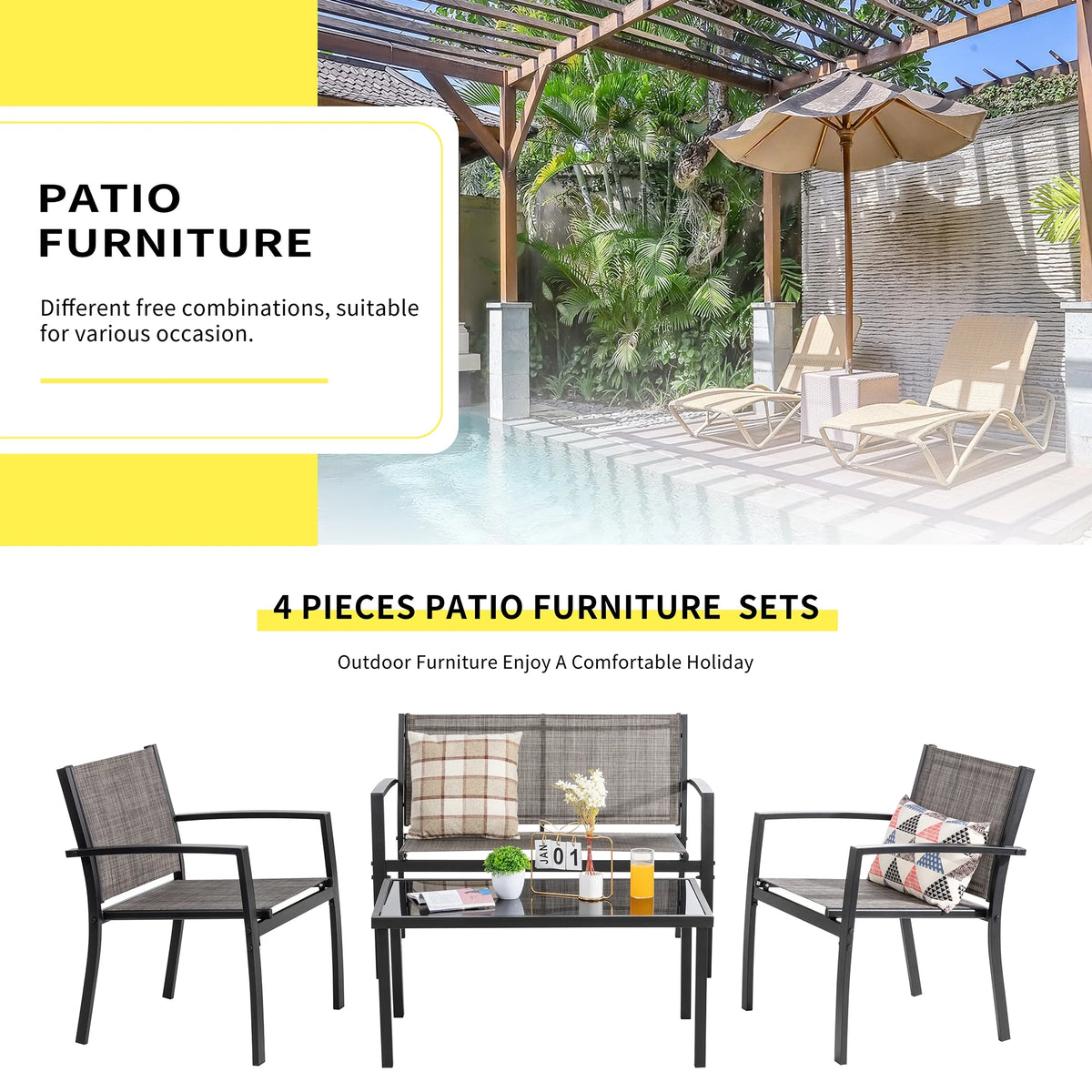 4 Pieces Patio Furniture Set with Glass Coffee Table X11231