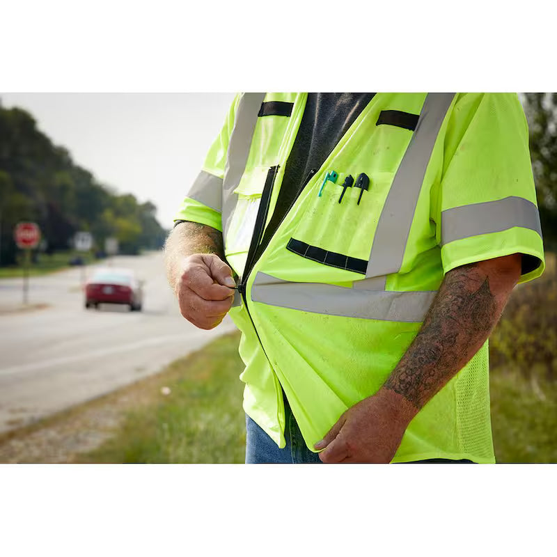 Yellow Class 3 High Visibility Safety Vest with 10-Pockets and Sleeves I436739