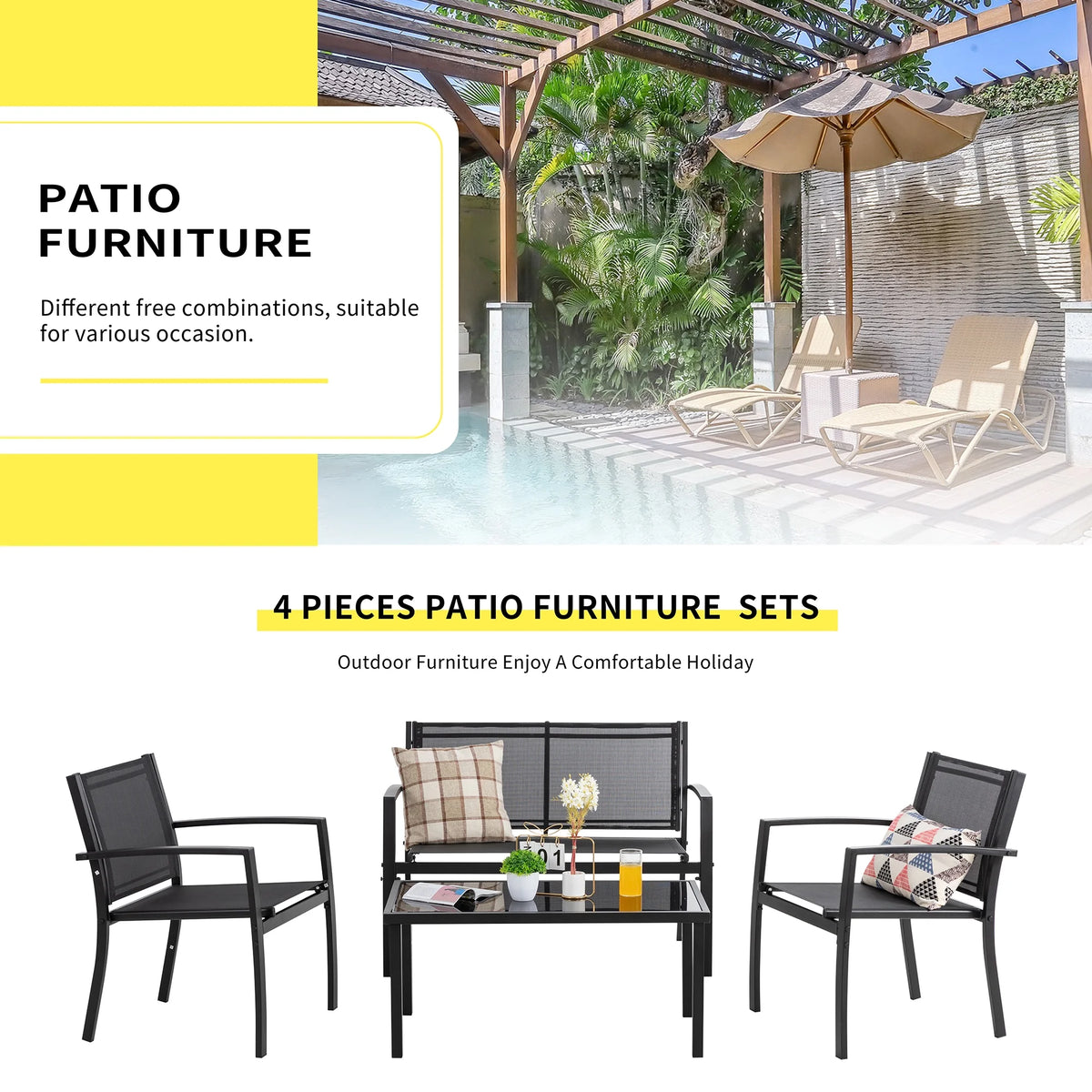 4 Pieces Patio Furniture Set with Glass Coffee Table X11231