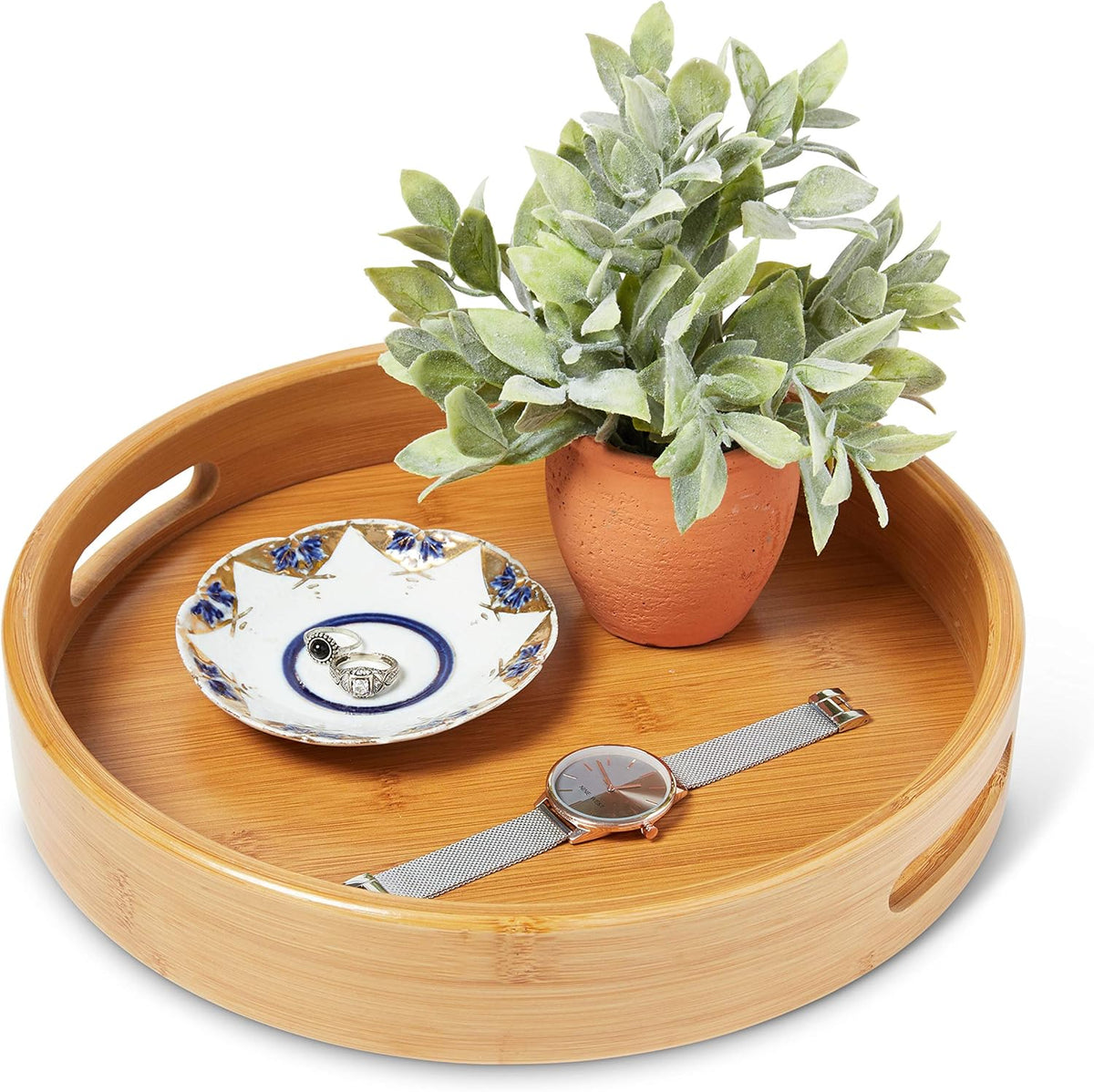Round Wooden Ottoman Tray 12 Inches Natural Serving Tray with Handles O9019