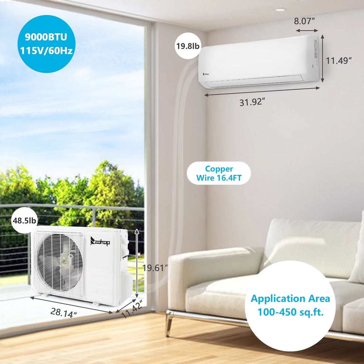 9000 BTU Wifi Enabled 19 Seer Mini Split Air Conditioner & Heater T452296