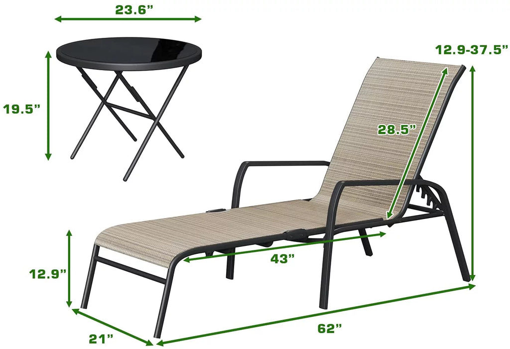Set of 3 Recline Adjustable Backrest Textlene Bistro Set with Table, Beige X52165