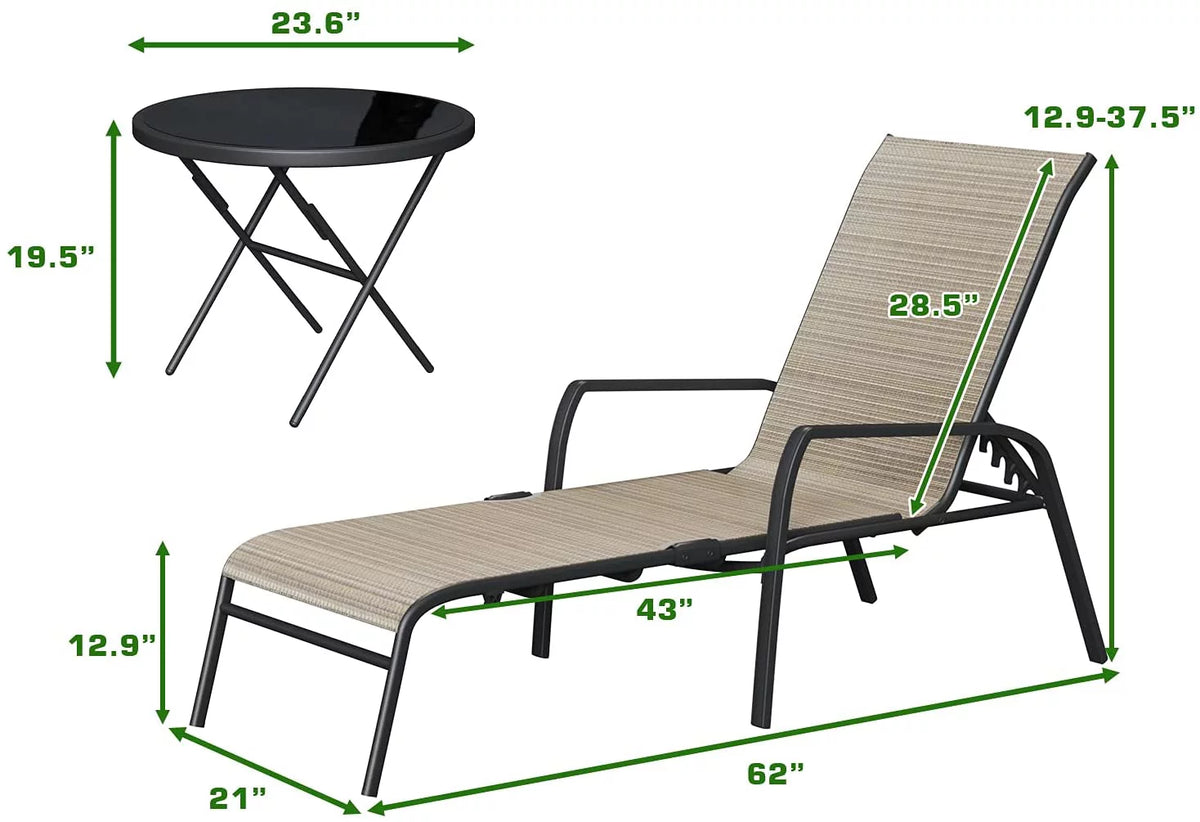 Set of 3 Recline Adjustable Backrest Textlene Bistro Set with Table, Beige X52165