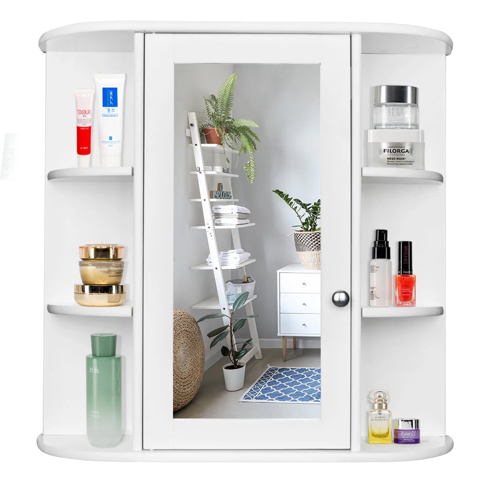 White Wooden Bathroom Storage Cabinet with Mirror Door & 8 Shelves A147