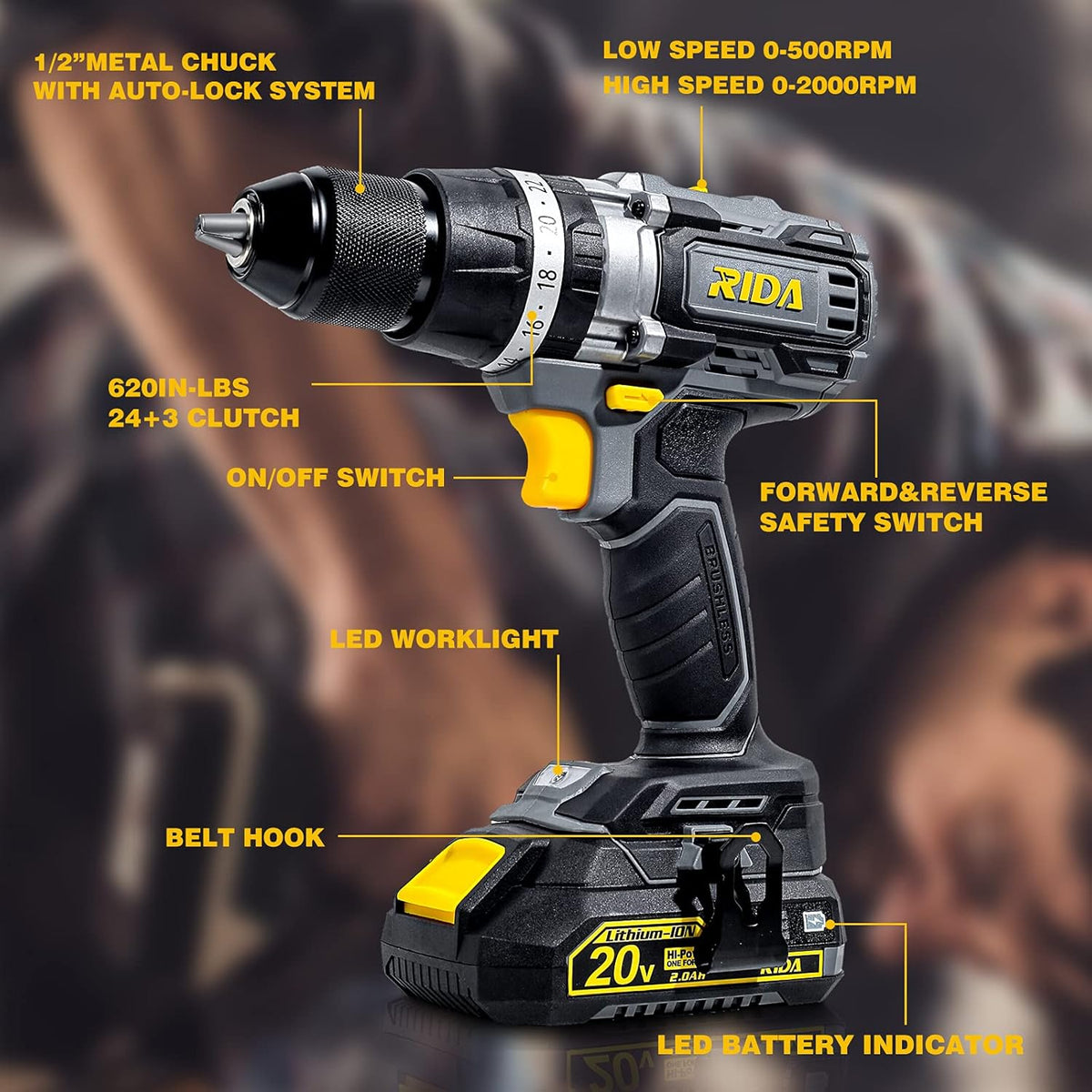 20V Cordless Electric Power Drill Set with 2.0AH Li-Battery T3555