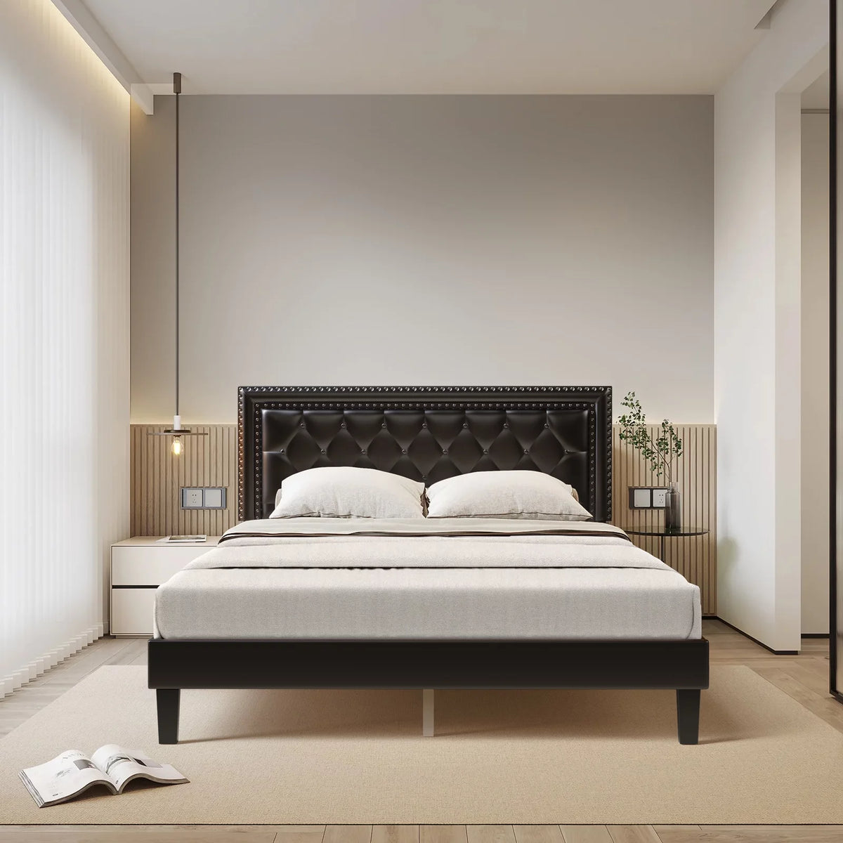 PU Leather Upholstered Platform Bed Frame Full/Queen Size Black N8694