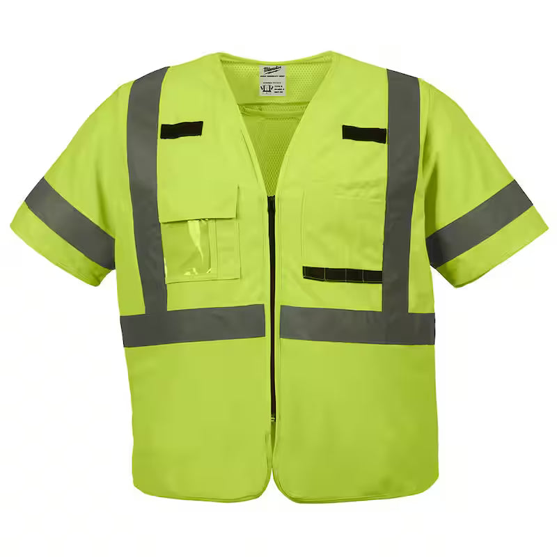 Yellow Class 3 High Visibility Safety Vest with 10-Pockets and Sleeves I436739