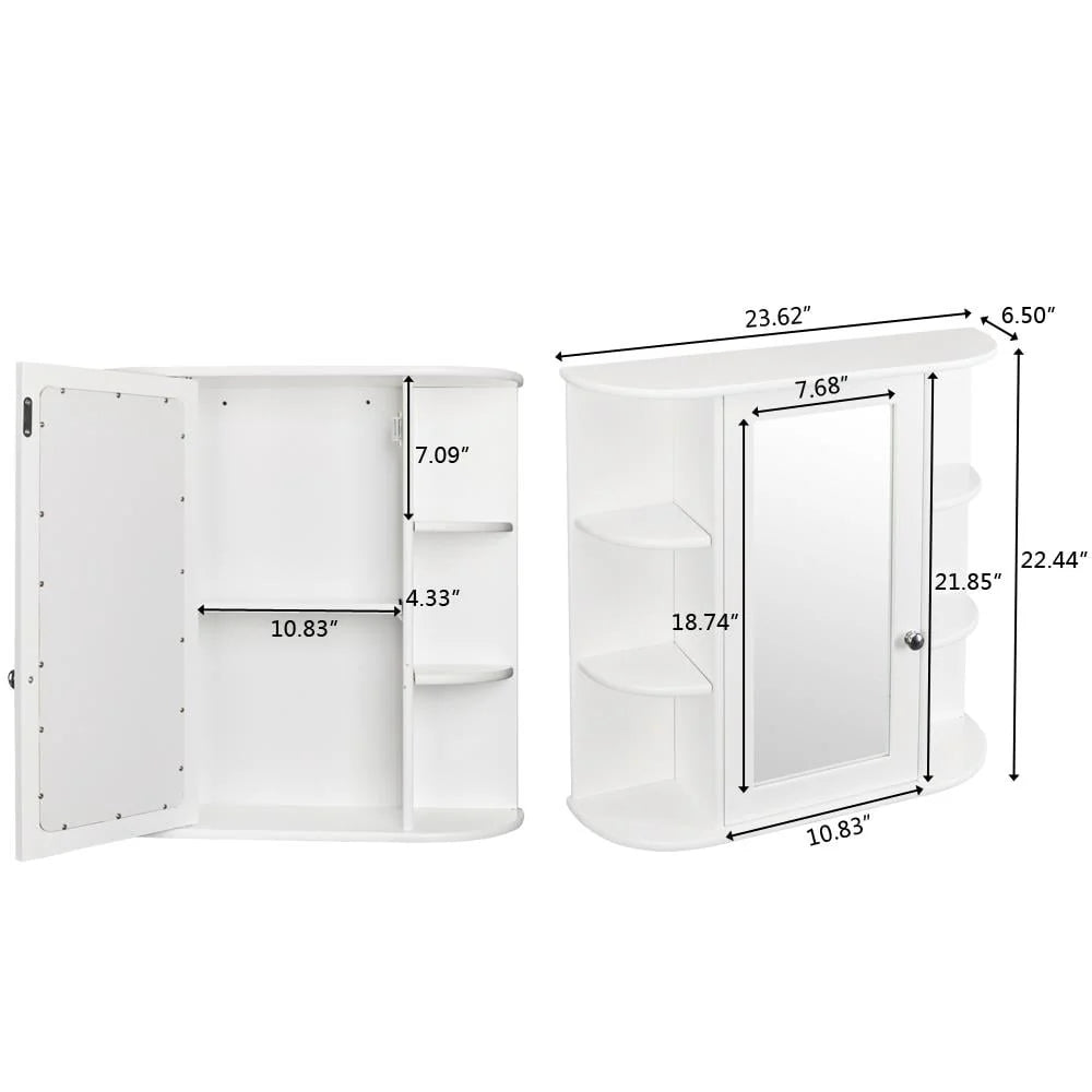 White Wooden Bathroom Storage Cabinet with Mirror Door & 8 Shelves A147