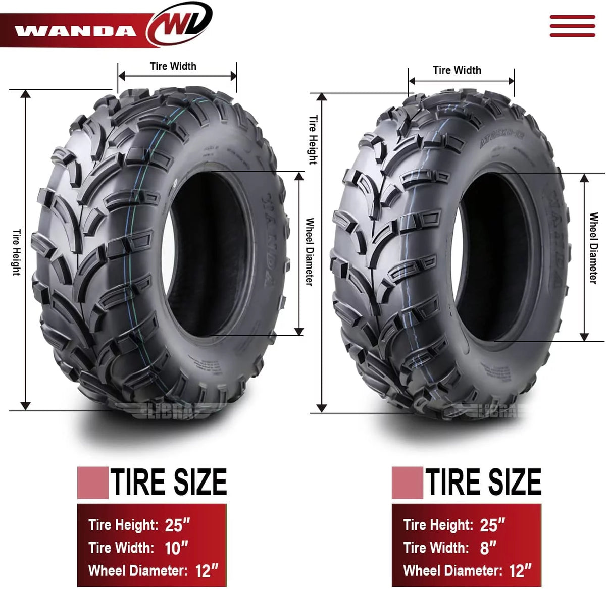 25x8-12 Front & 25x10-12 Rear 6PR Set 4 ATV/UTV Tires N816