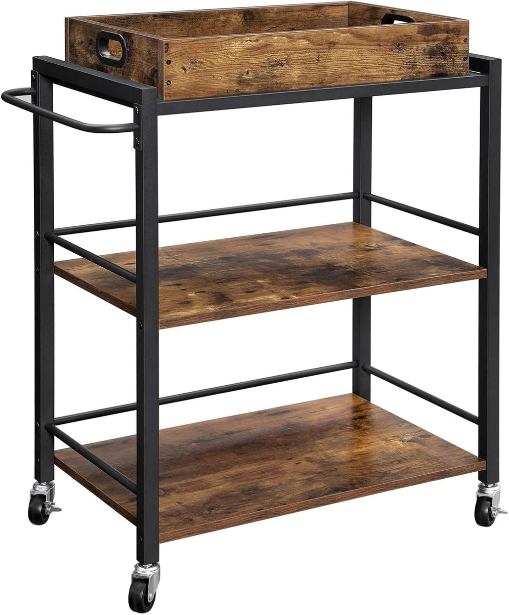 Rustic Brown and Black Bar Cart with Wheels and Handle V841