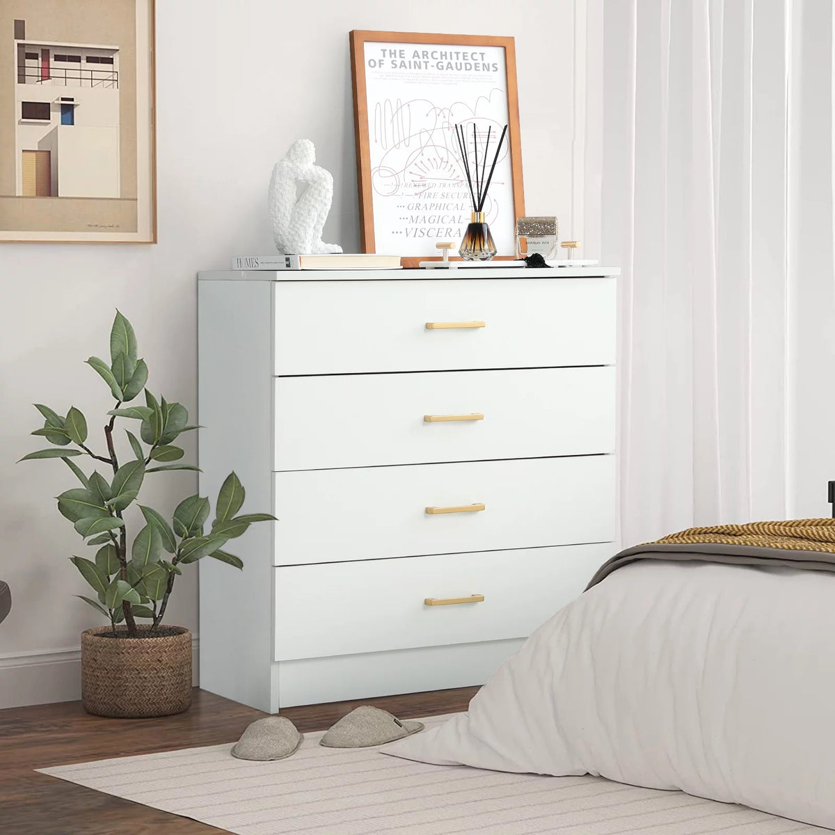 White 4-Drawer Wood Dresser Y420