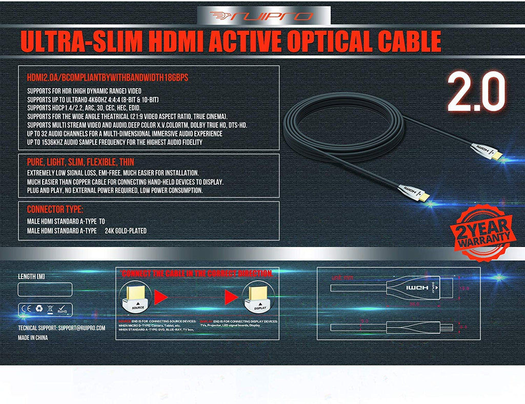 Ultra Thin Fiber Optic HDMI Cable 6ft 4K 60Hz A905