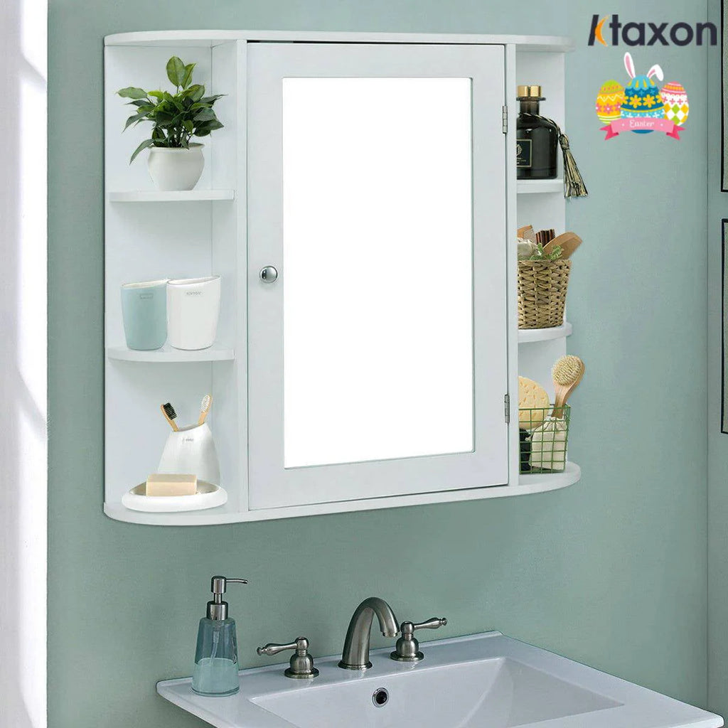 White Wooden Bathroom Storage Cabinet with Mirror Door & 8 Shelves A147