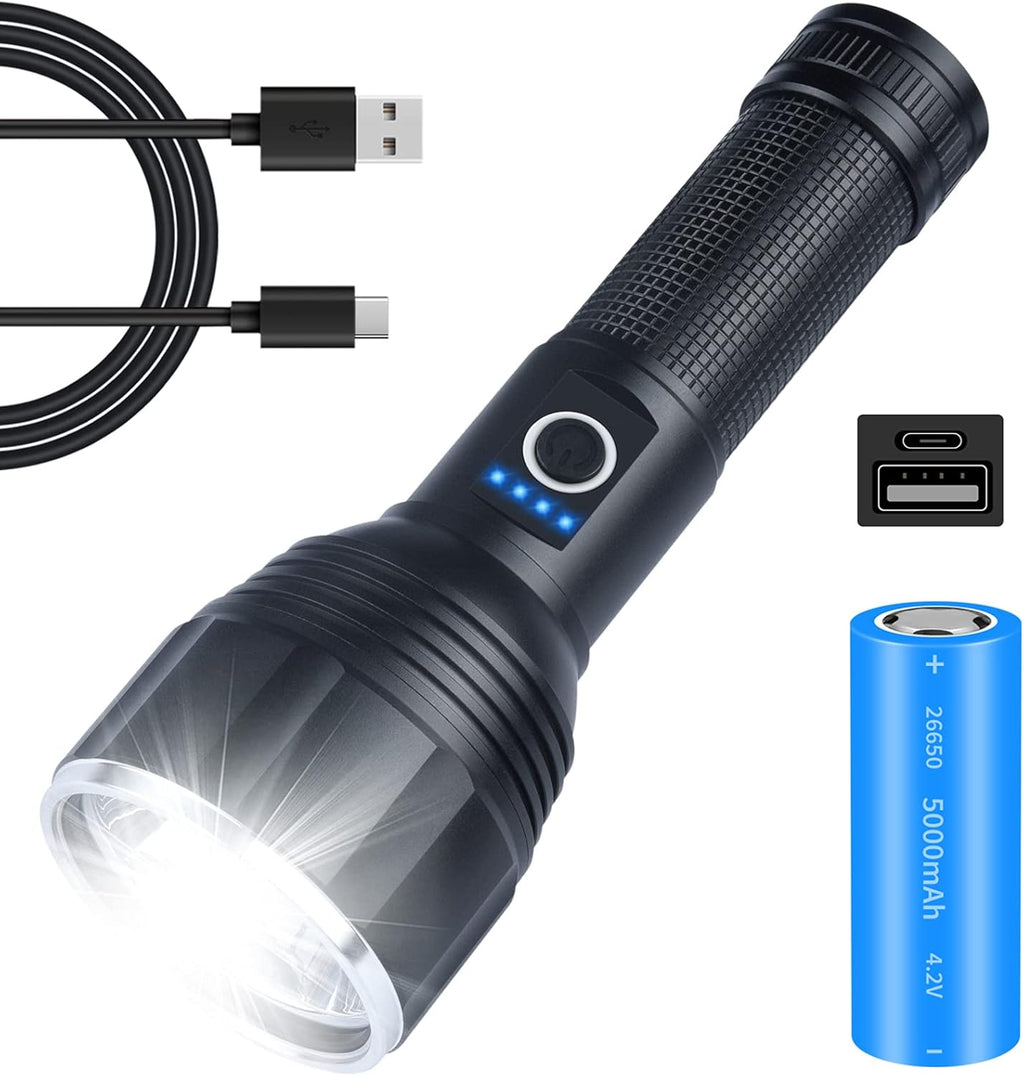 Rechargeable LED Flashlights, 100000 High Lumens Super Bright Tactical Flashlights with Battery Included, 20W Powerful Flashlights with 5 Light Modes, Waterproof C3620