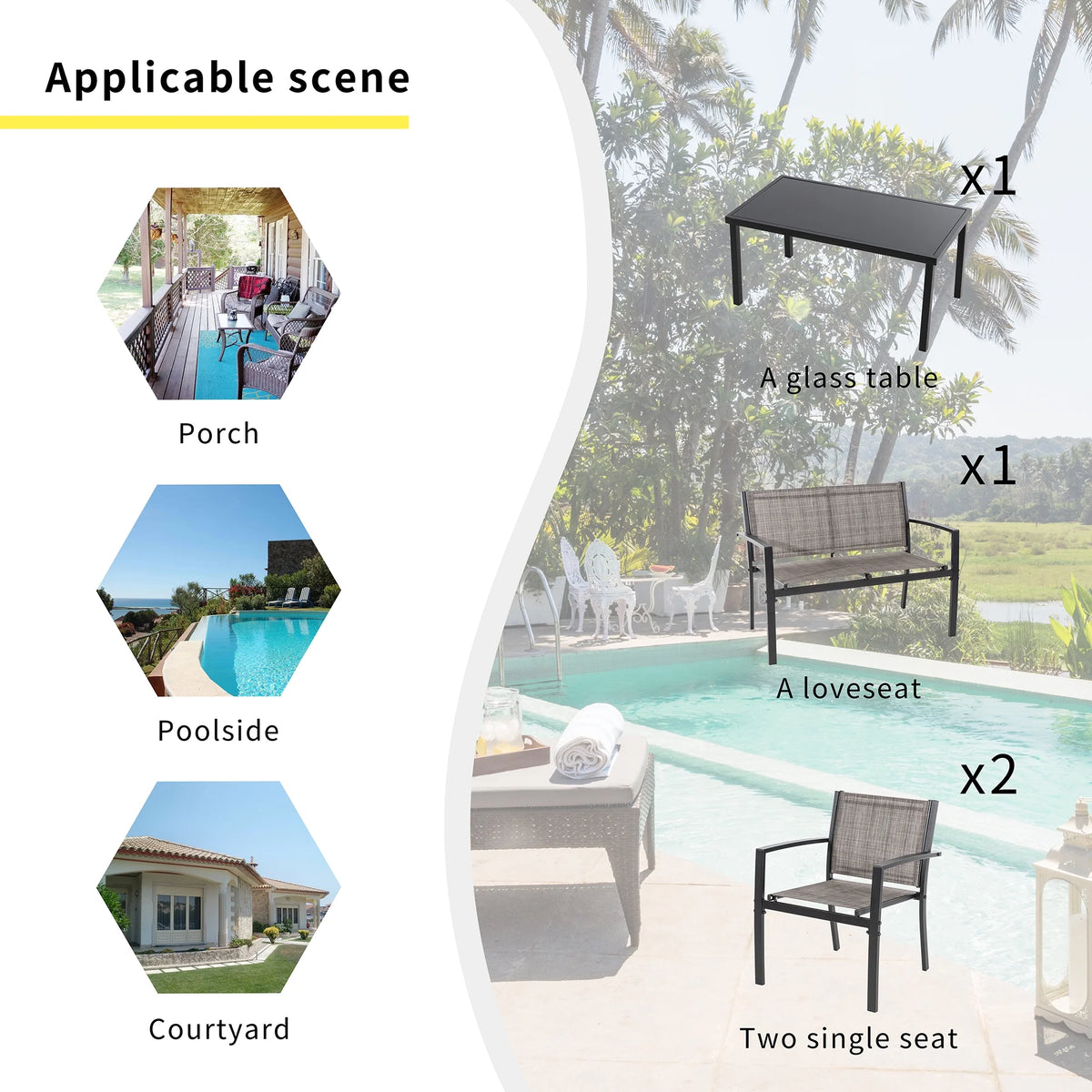 4 Pieces Patio Furniture Set with Glass Coffee Table X11231