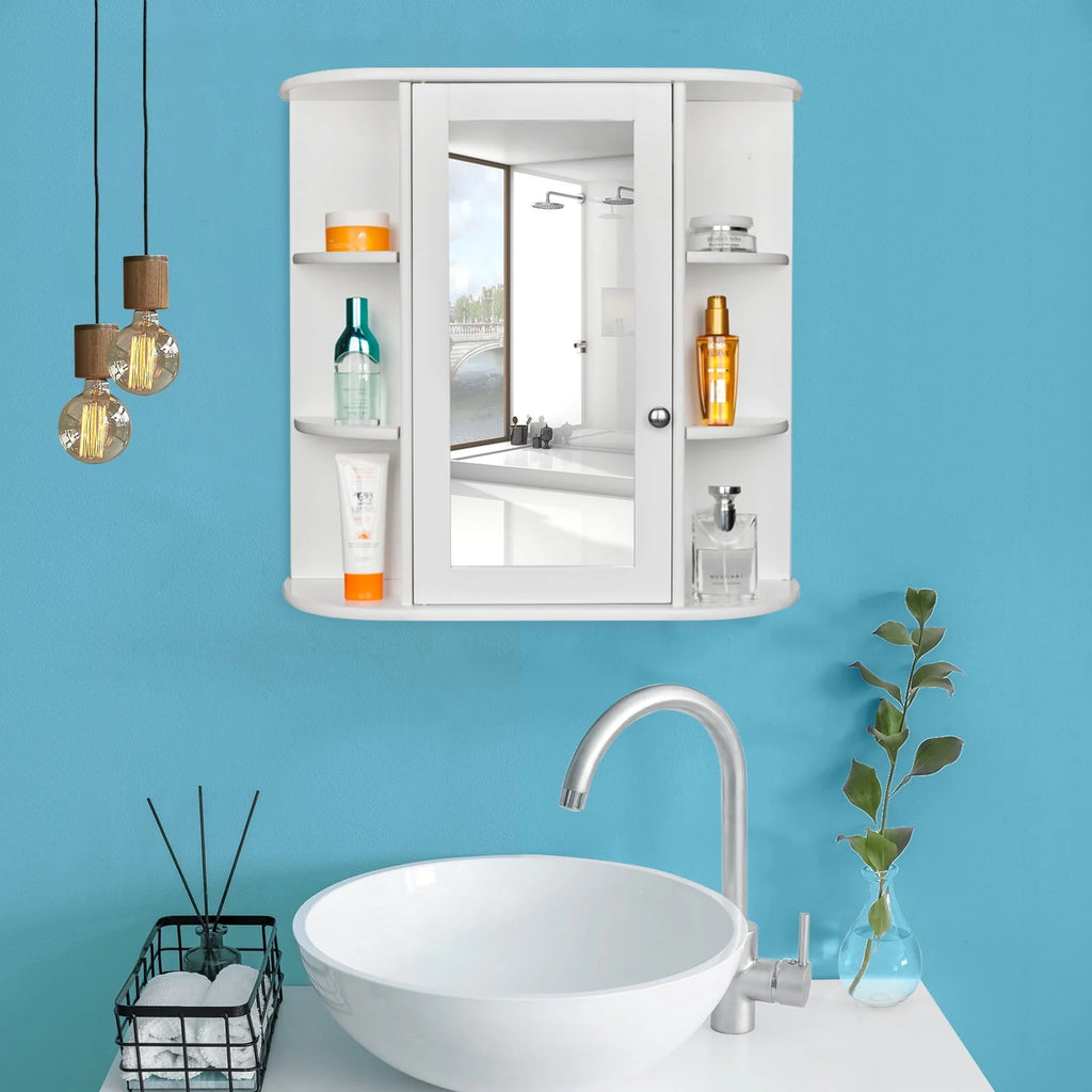 White Wooden Bathroom Storage Cabinet with Mirror Door & 8 Shelves A147