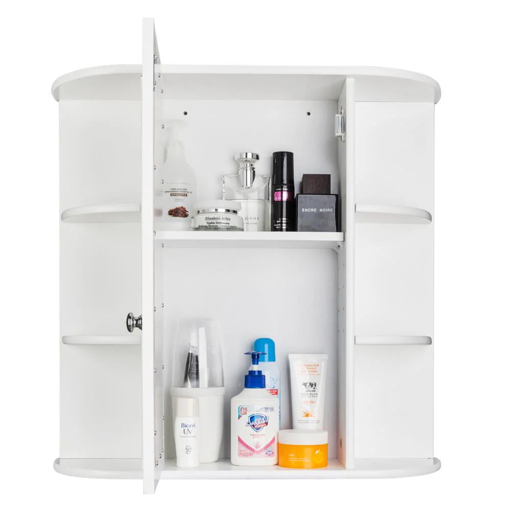 White Wooden Bathroom Storage Cabinet with Mirror Door & 8 Shelves A147