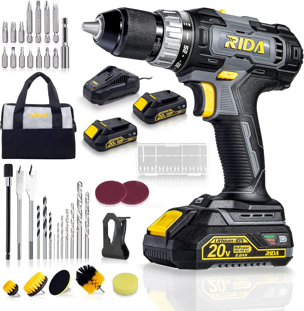 20V Cordless Electric Power Drill Set with 2.0AH Li-Battery T3555