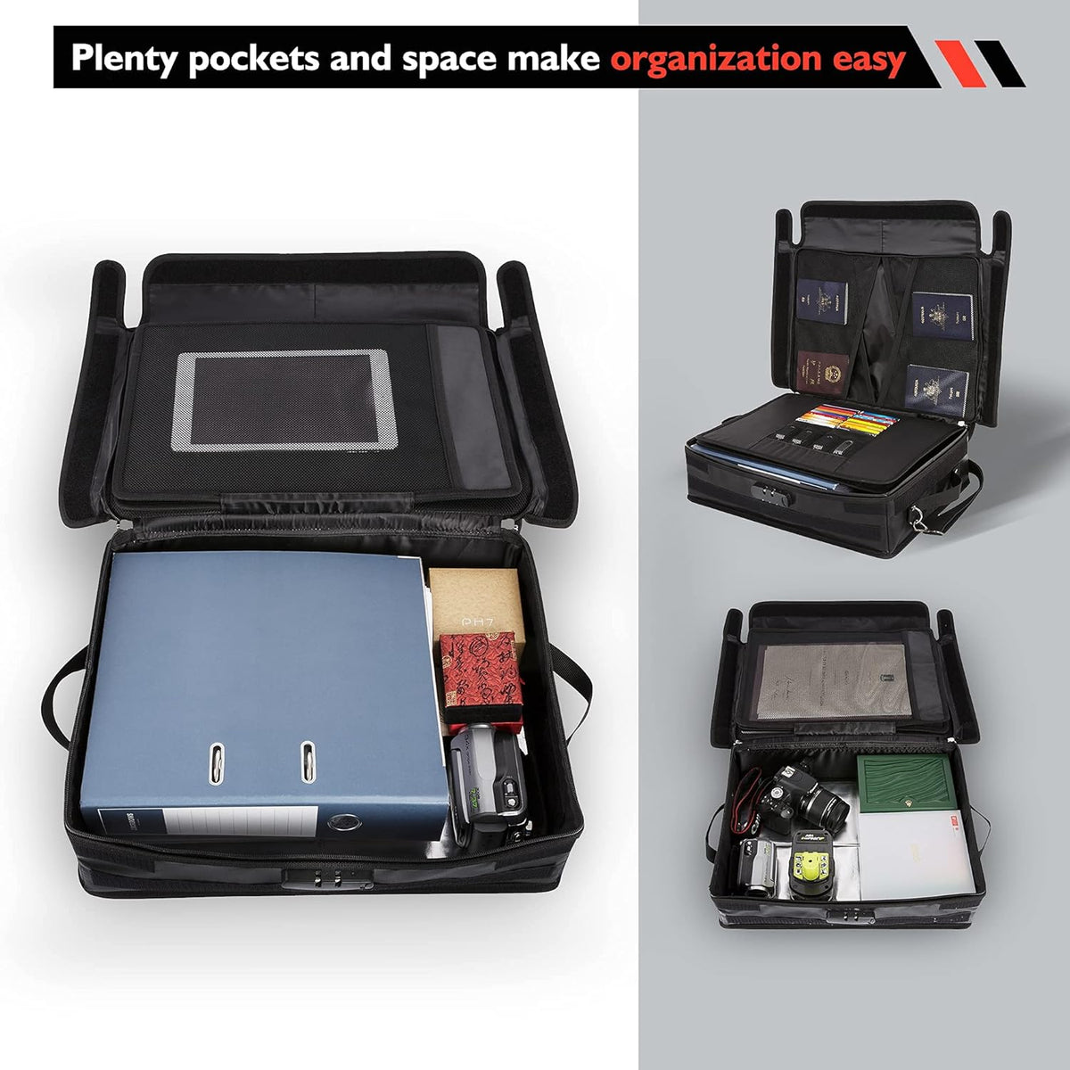 Fireproof Document Organizer Bag with Lock, 3-Layer File Storage Box with Dividers, Waterproof Collapsible File Holder T216