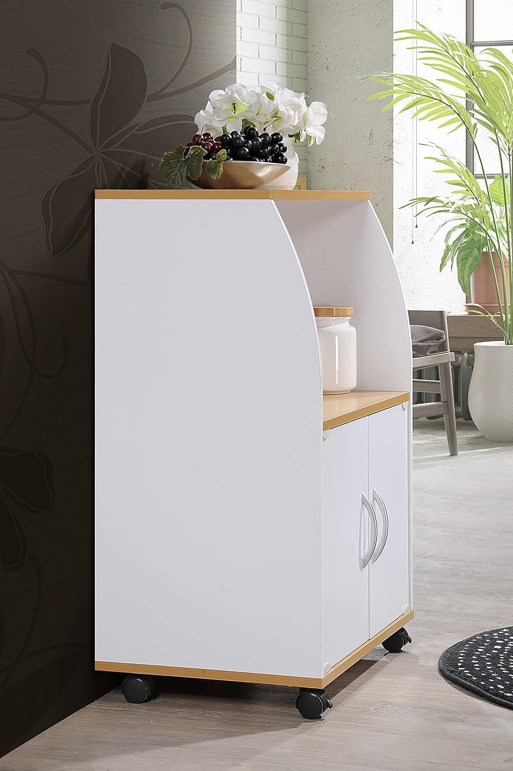 White Microwave Cart with Two Doors and Shelf V2225