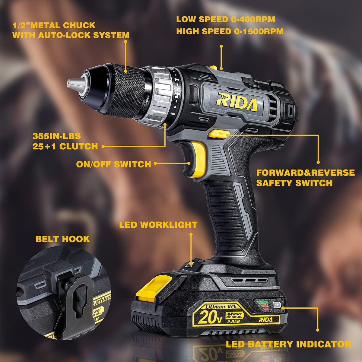 20V Cordless Electric Power Drill Set with 2.0AH Li-Battery T3555