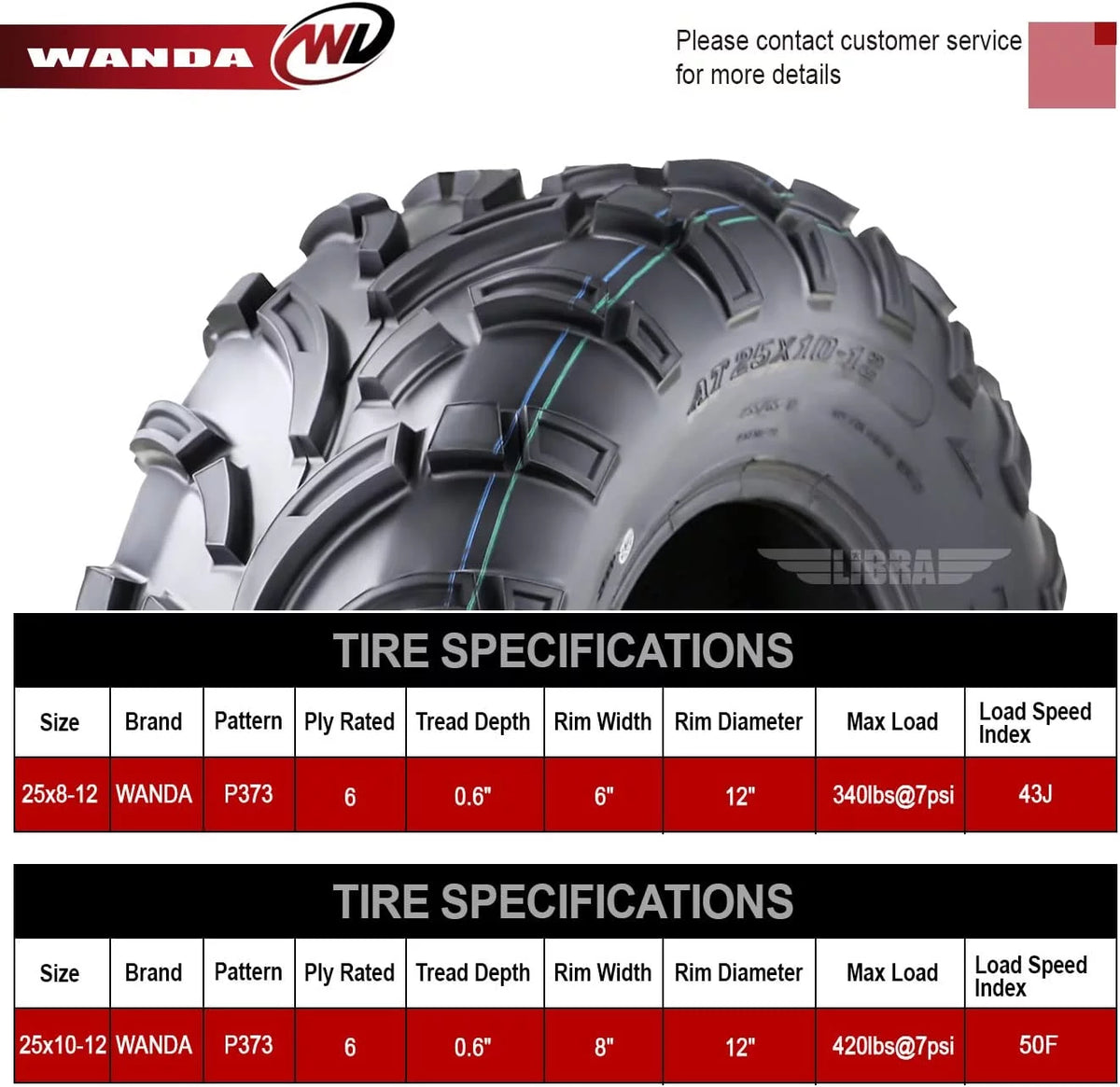 25x8-12 Front & 25x10-12 Rear 6PR Set 4 ATV/UTV Tires N816