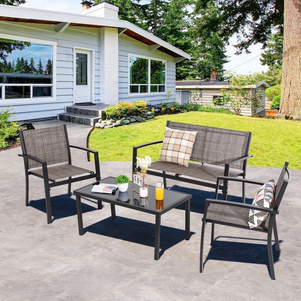4 Pieces Patio Furniture Set with Glass Coffee Table X11231