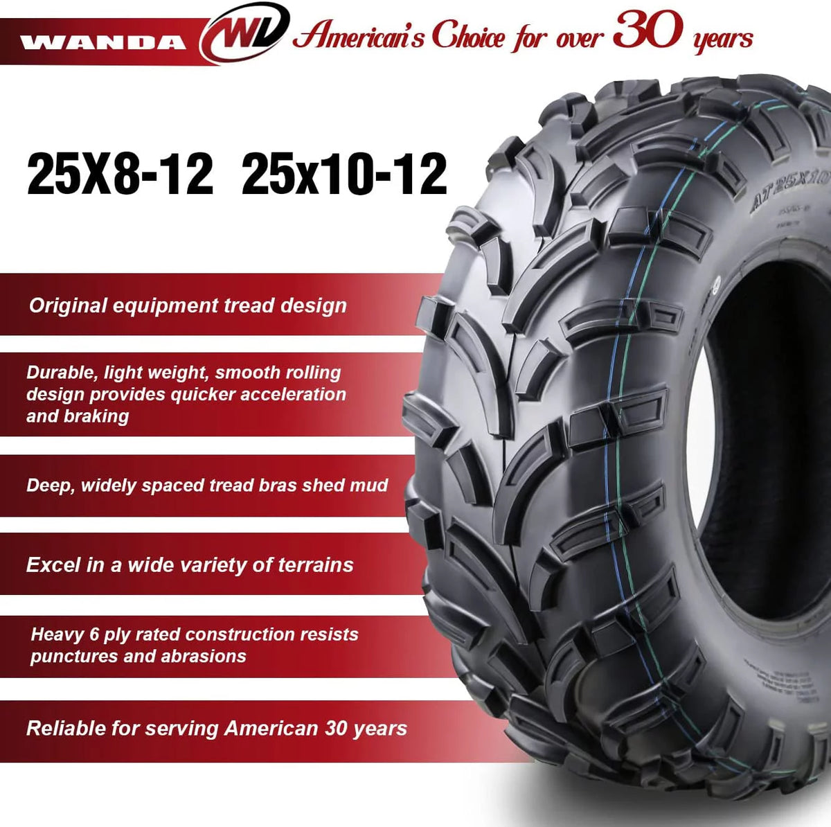 25x8-12 Front & 25x10-12 Rear 6PR Set 4 ATV/UTV Tires N816