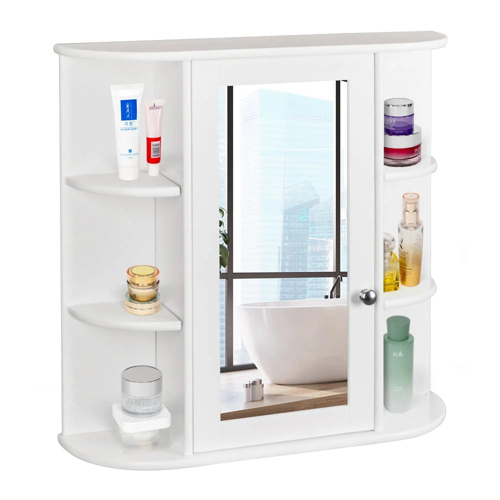White Wooden Bathroom Storage Cabinet with Mirror Door & 8 Shelves A147