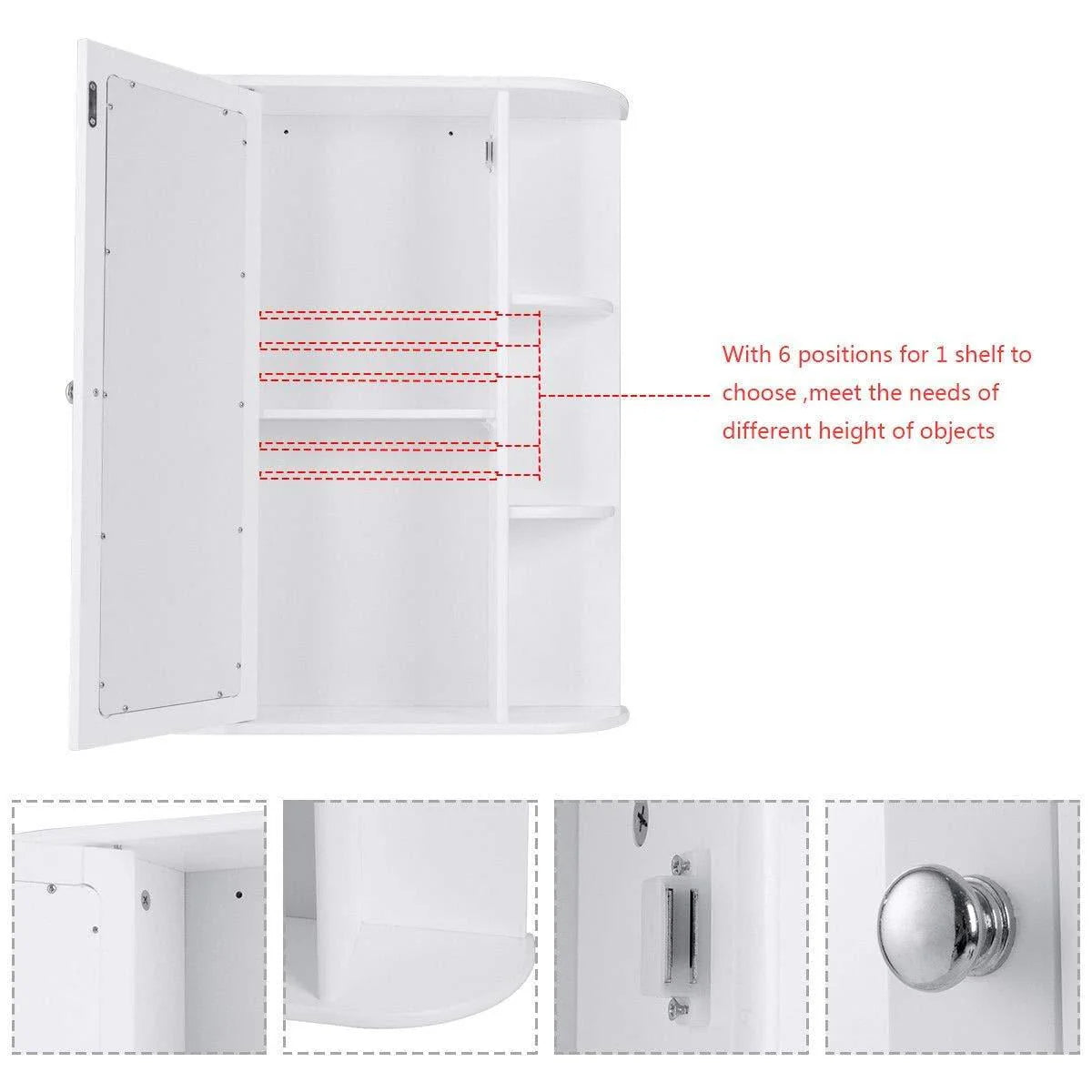 White Wooden Bathroom Storage Cabinet with Mirror Door & 8 Shelves A147