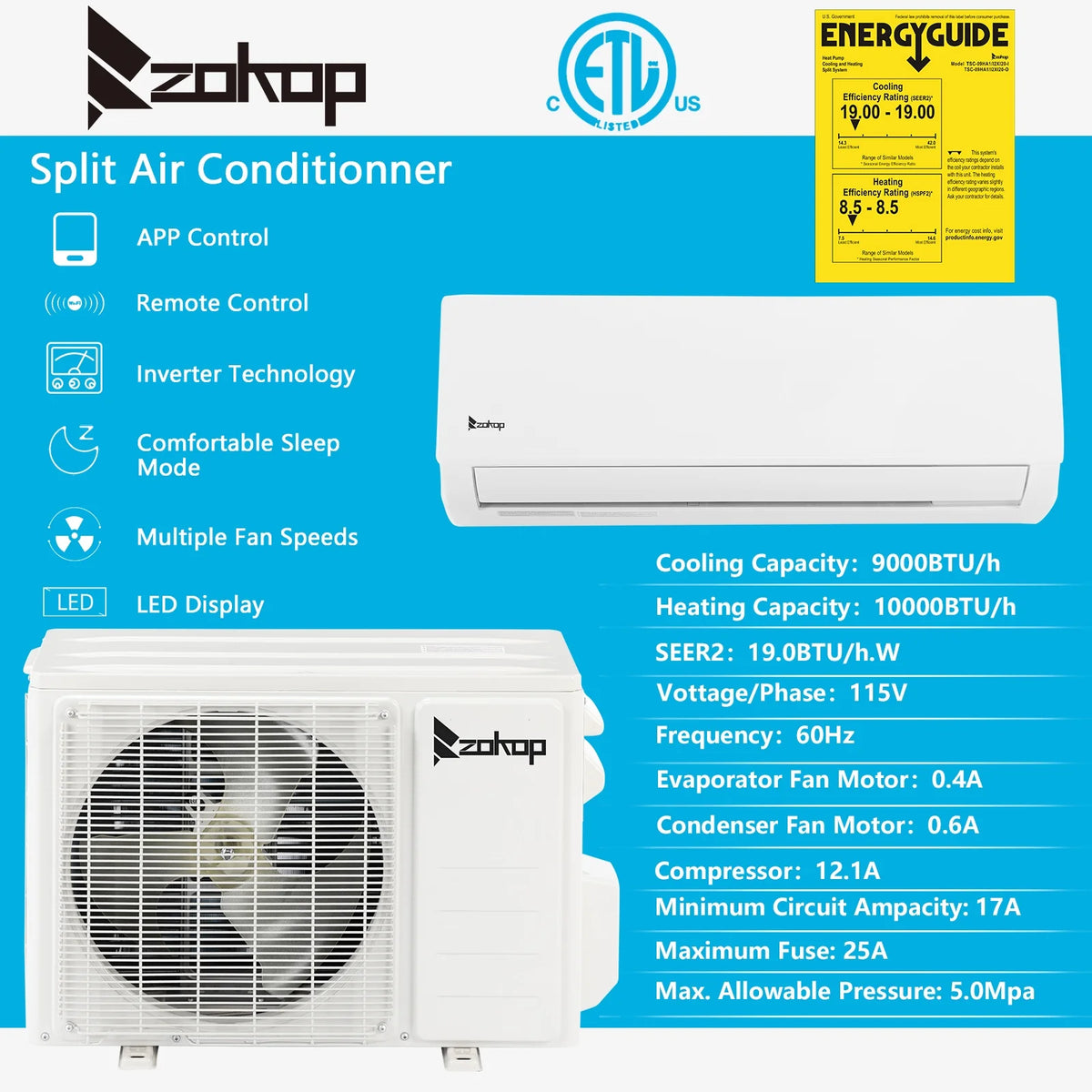 9000 BTU Wifi Enabled 19 Seer Mini Split Air Conditioner & Heater T452296
